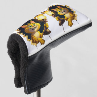 Whimsical Cartoon Cat Holding a Lamp Through a Wal Golf Head Cover