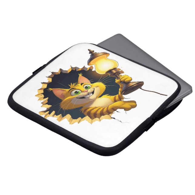 Whimsical Cartoon Cat Holding a Lamp Through a Wal Laptop Sleeve (Front Top)