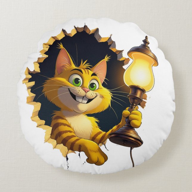Whimsical Cartoon Cat Holding a Lamp Through a Wal Round Cushion (Front)