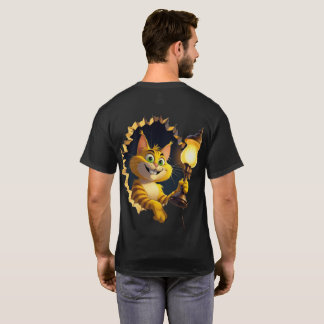 Whimsical Cartoon Cat Holding a Lamp Through a Wal T-Shirt