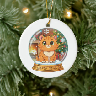 Whimsical Cartoon Cat in Snow Globe Christmas Ceramic Ornament