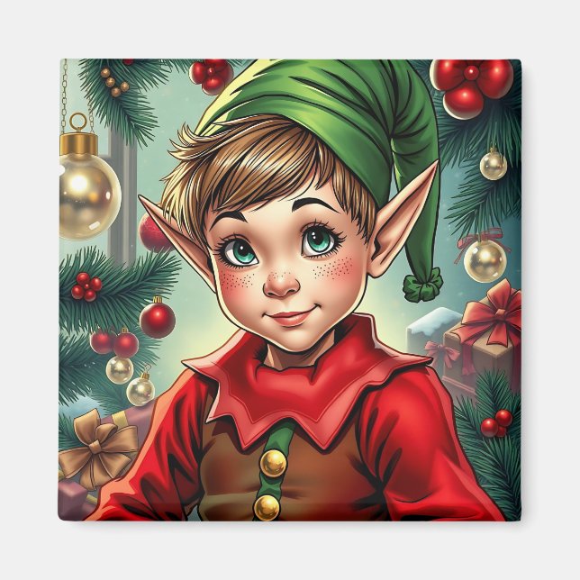 Whimsical Cartoon Elf | Christmas Magnet (Front)
