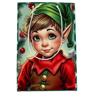 Whimsical Cartoon Elf Christmas Medium Gift Bag