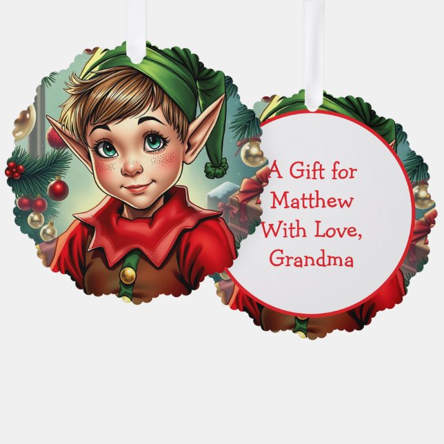 Whimsical Cartoon Elf | Christmas Tree Decoration Card (Front/Back)