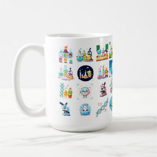 Whimsical Cartoon Grid of Smiling Animals in Scien Coffee Mug