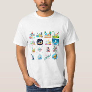 Whimsical Cartoon Grid of Smiling Animals in Scien T-Shirt