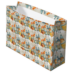 Whimsical cartoon hens in woolly hats and scarfs large gift bag