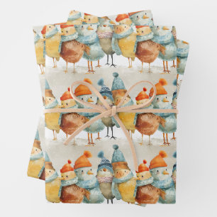 Whimsical cartoon hens in woolly hats and scarfs wrapping paper sheet