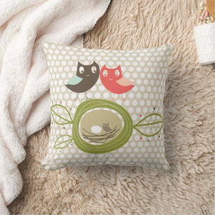 Whimsical Cartoon Nesting Owls Family Polka Dots Cushion