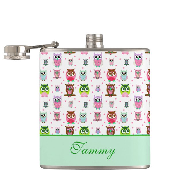 Whimsical Cartoon Owls Drinking Flask (Opened)