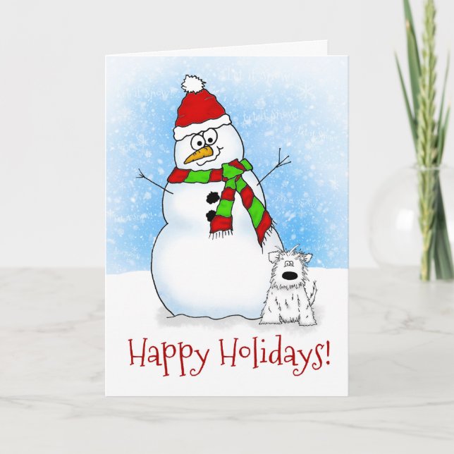 Whimsical Cartoon Snowman Happy Holidays Card (Front)