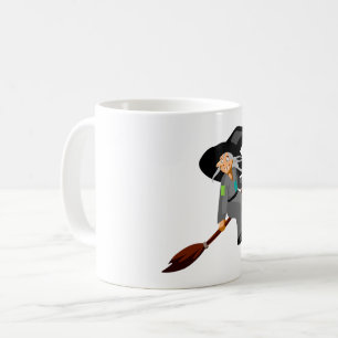 Whimsical Cartoon Witch Flying on Broomstick Coffee Mug