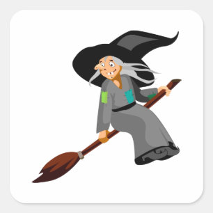 Whimsical Cartoon Witch Flying on Broomstick Square Sticker