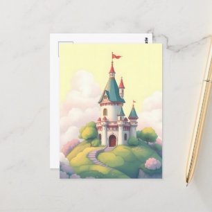 Whimsical castle with green garden postcard