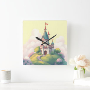 Whimsical castle with green garden square wall clock