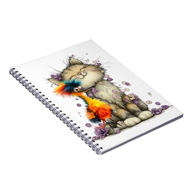Whimsical Cat and Colourful Bird Spiral Notebook (Right Side)