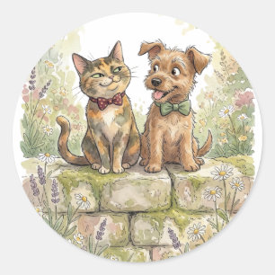 Whimsical Cat and Dog Garden Art Tortoiseshel Cat  Classic Round Sticker