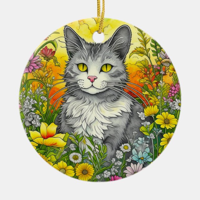 Whimsical Cat and Flowers Ceramic Ornament (Front)