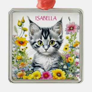 Whimsical Cat and Flowers Personalised Christmas Metal Ornament