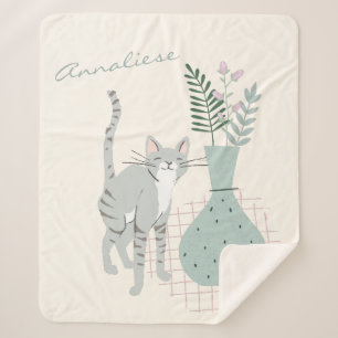 Whimsical Cat and Plant Sage Green Personalised  Sherpa Blanket