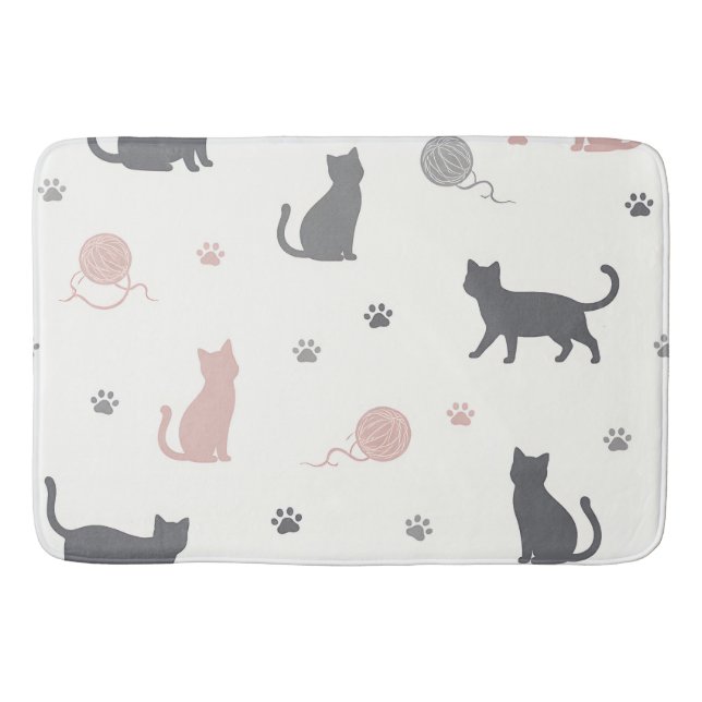 Whimsical Cat and Yarn Silhouette Pattern Bath Mat (Front)
