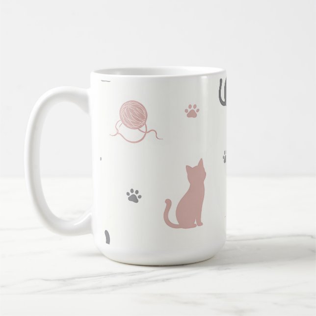 Whimsical Cat and Yarn Silhouette Pattern Coffee Mug (Left)