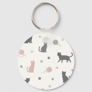 Whimsical Cat and Yarn Silhouette Pattern Key Ring