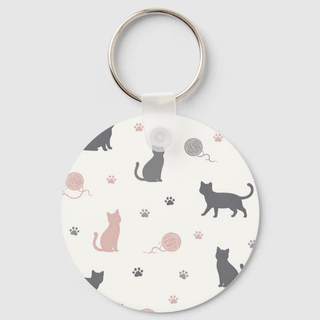 Whimsical Cat and Yarn Silhouette Pattern Key Ring (Front)
