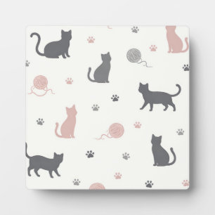 Whimsical Cat and Yarn Silhouette Pattern Plaque