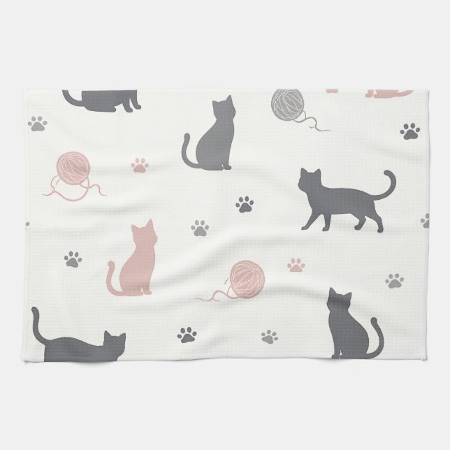 Whimsical Cat and Yarn Silhouette Pattern Tea Towel (Horizontal)
