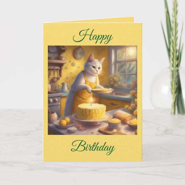 Whimsical Cat Baking Birthday Cake Card (Front)