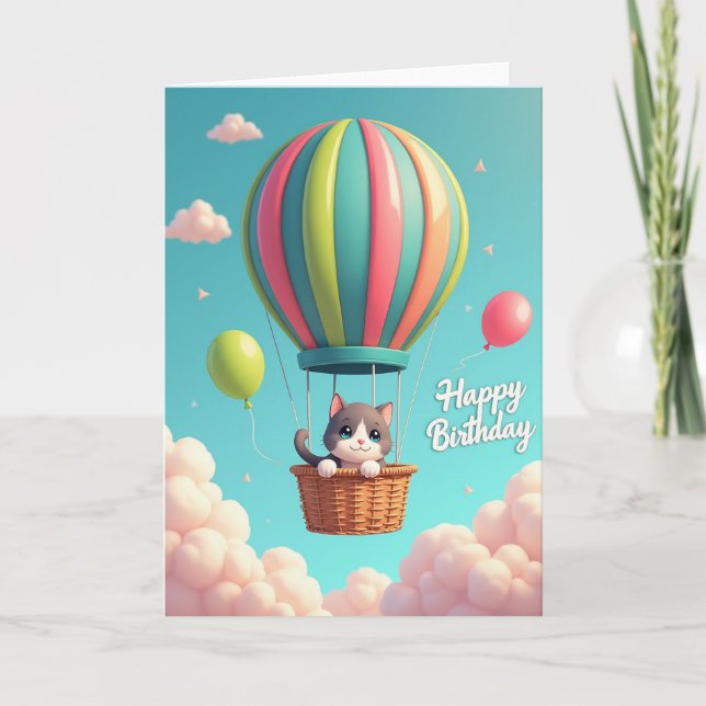 Whimsical Cat Balloon Birthday Card (Front)