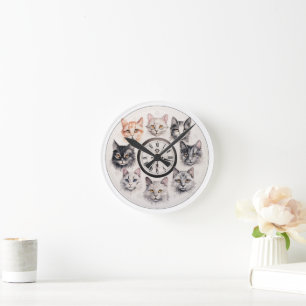 Whimsical Cat Faces Charming Feline Design Round Clock