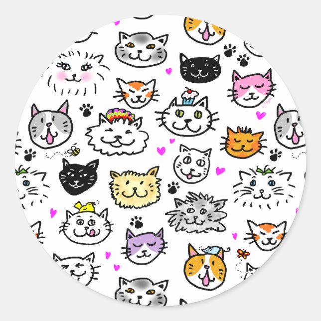 Whimsical Cat Faces Pattern Classic Round Sticker (Front)