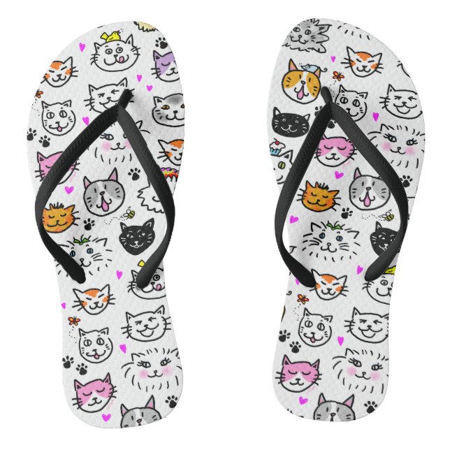 Whimsical Cat Faces Pattern Thongs (Footbed)