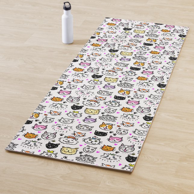 Whimsical Cat Faces Pattern Yoga Mat (In Situ)