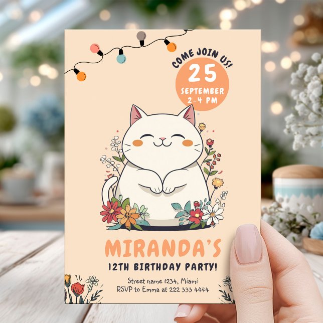 Whimsical Cat Floral Pastel Birthday Invitation (Creator Uploaded)