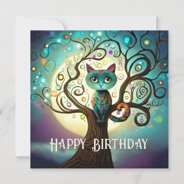 Whimsical Cat Full Moon Artwork Birthday Flat Card (Front)