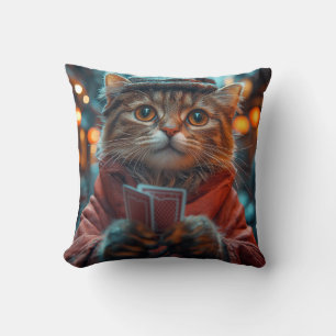 Whimsical Cat Gambler - Playful Feline Artwork Cushion