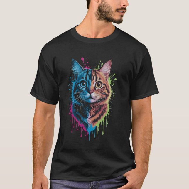 Whimsical Cat Head with Colour Splash T-Shirt (Front)