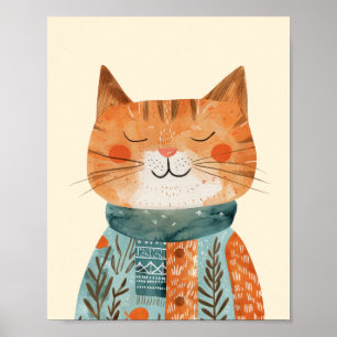 Whimsical Cat Illustration Watercolor Nursery  Poster