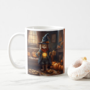 Whimsical Cat in denim scarecrow costume Halloween Coffee Mug