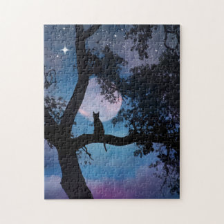 Whimsical Cat in Tree and Moon Jigsaw Puzzle