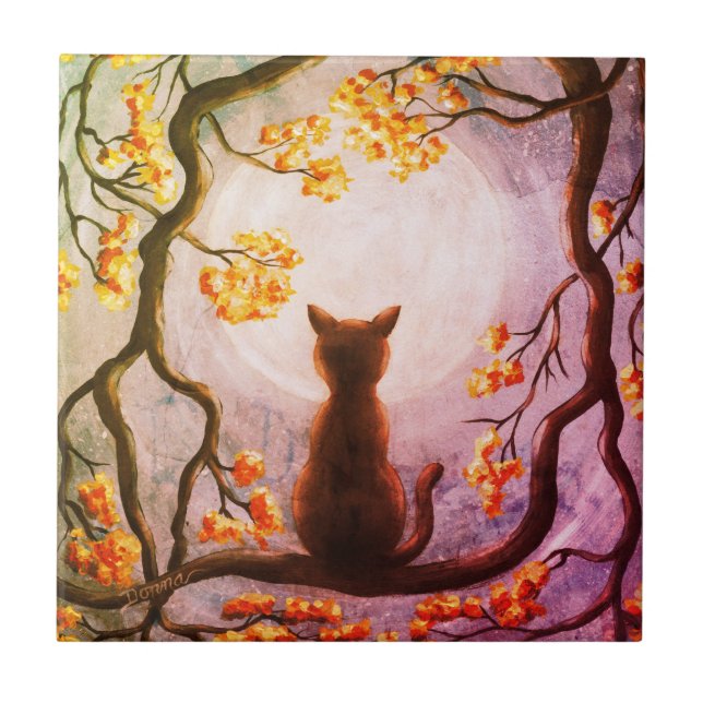 Whimsical Cat in Tree Full Moon Painting Art Ceramic Tile (Front)