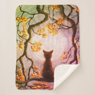 Whimsical Cat in Tree Full Moon Painting Art Sherpa Blanket