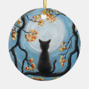 Whimsical Cat in Tree Full Moon Painting Ceramic Ornament