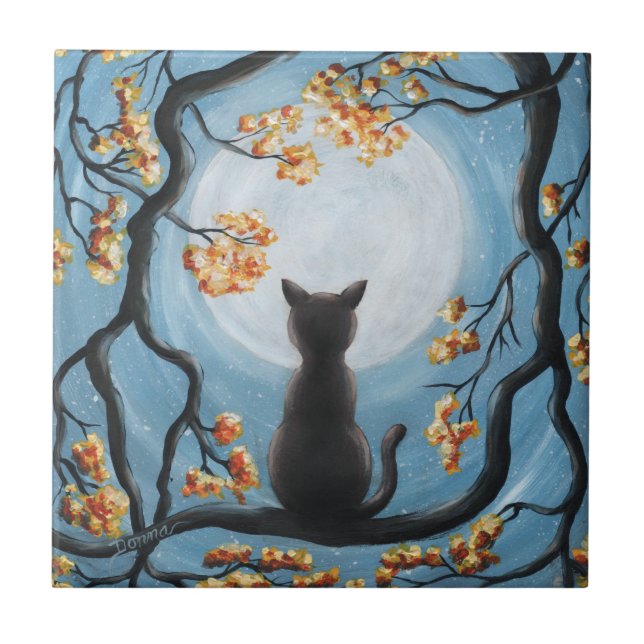 Whimsical Cat in Tree Full Moon Painting Ceramic Tile (Front)