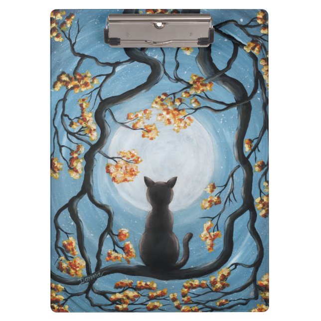 Whimsical Cat in Tree Full Moon Painting Clipboard (Front)