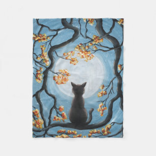 Whimsical Cat in Tree Full Moon Painting Fleece Blanket