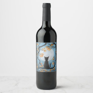 Whimsical Cat in Tree Full Moon Painting Wine Label